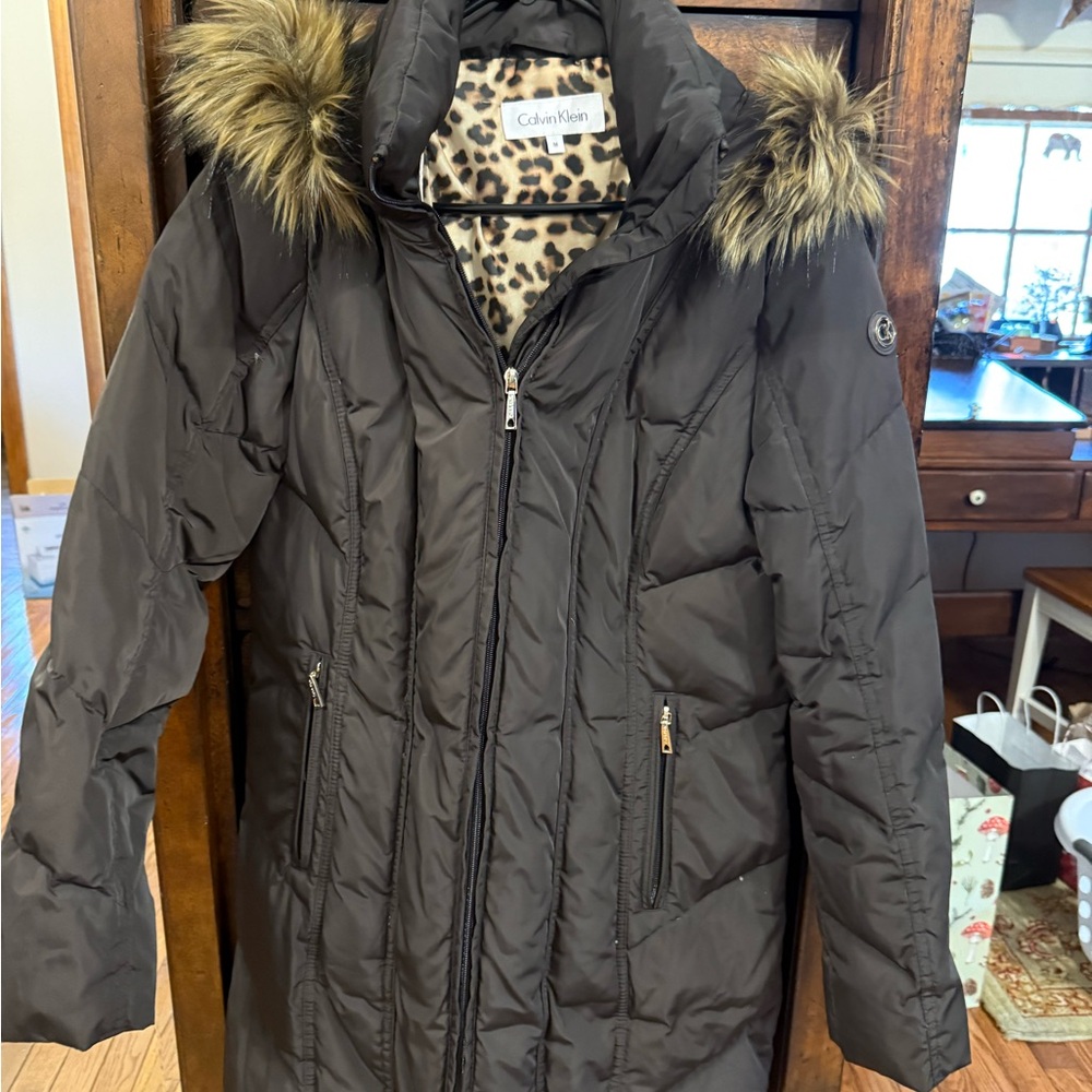 Calvin Klein Women's Brown Puffer Coat with Faux Fur Trim